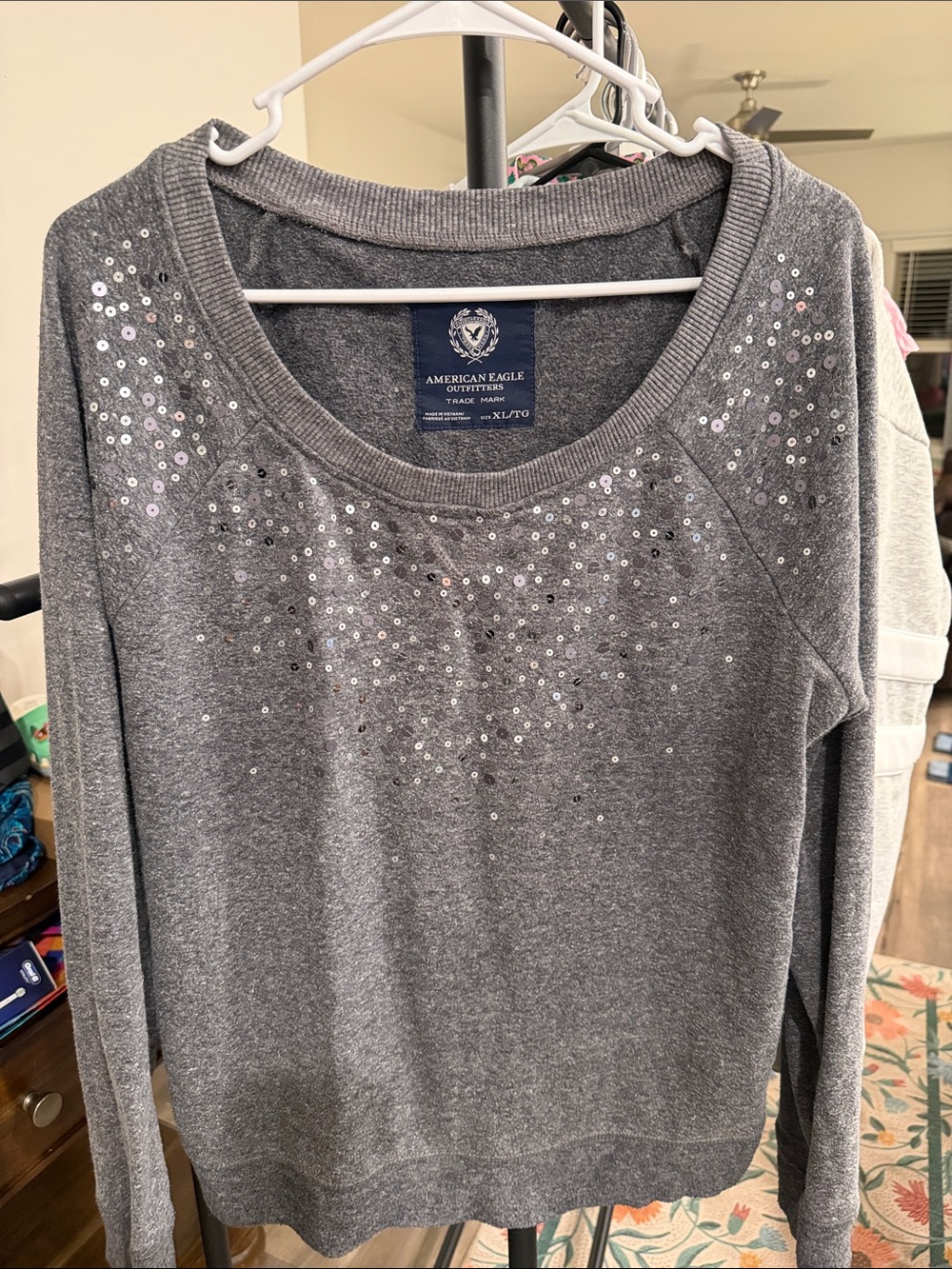 American Eagle Outfitters Gray Sequin Crewneck Sweatshirt